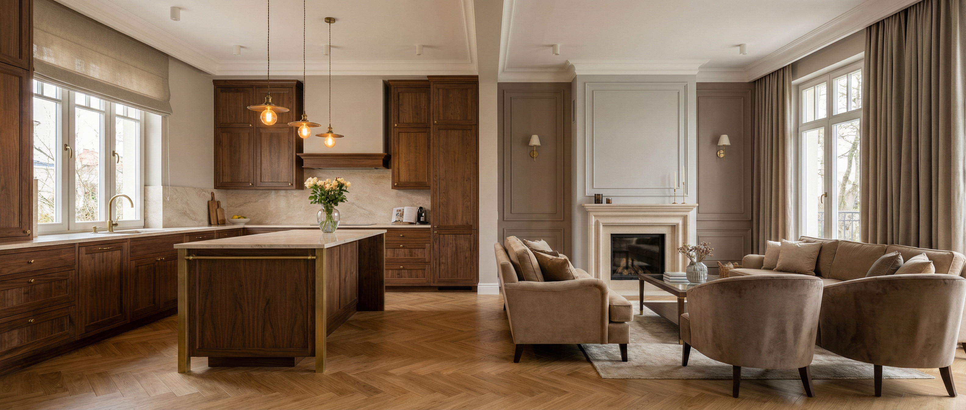 Salon i kuchnia w apartamencie przy Błoniach